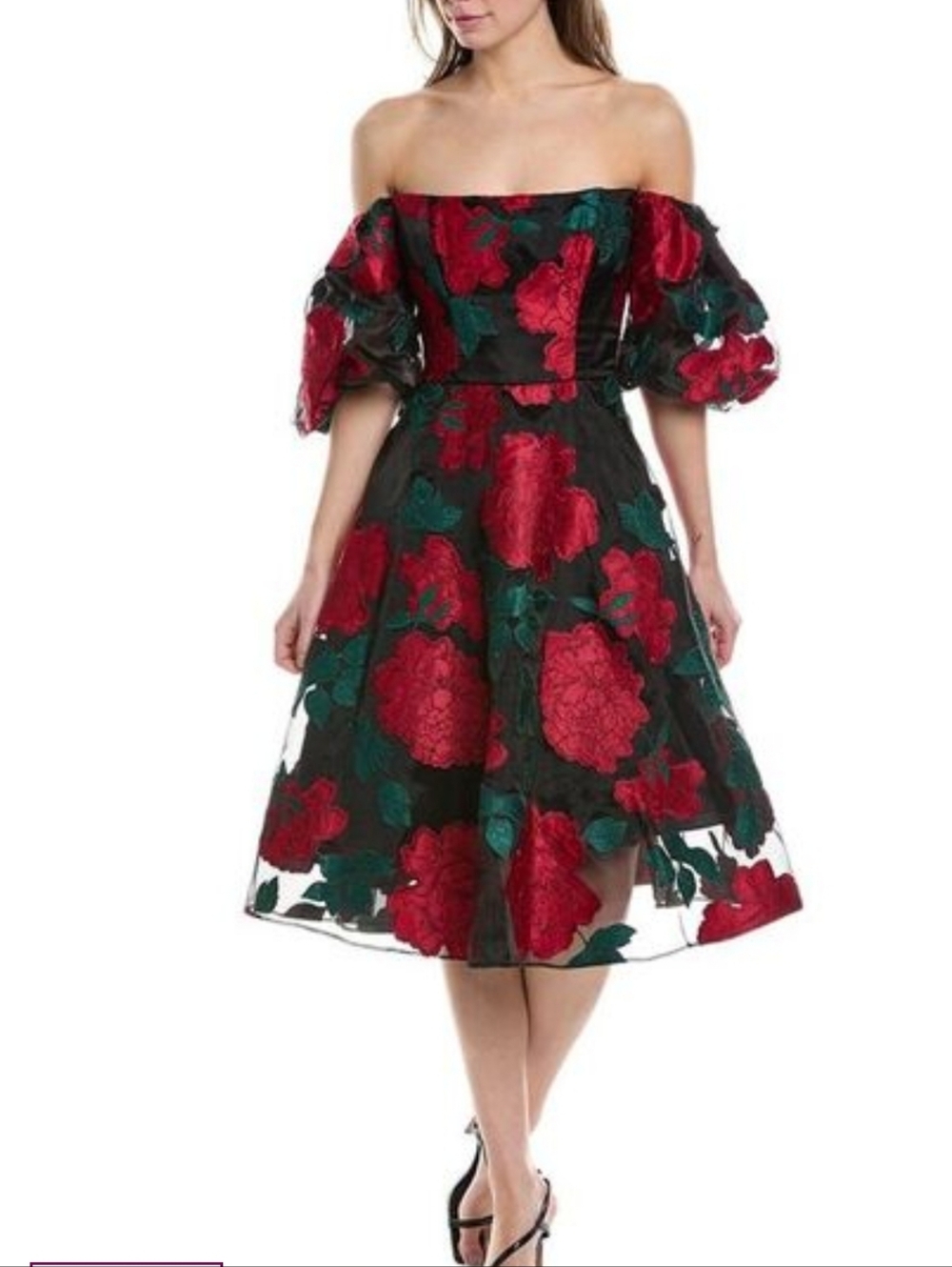 Marchesa Notte Floral Puff Sleeve Off The Shoulder Dress Red Flower On Black